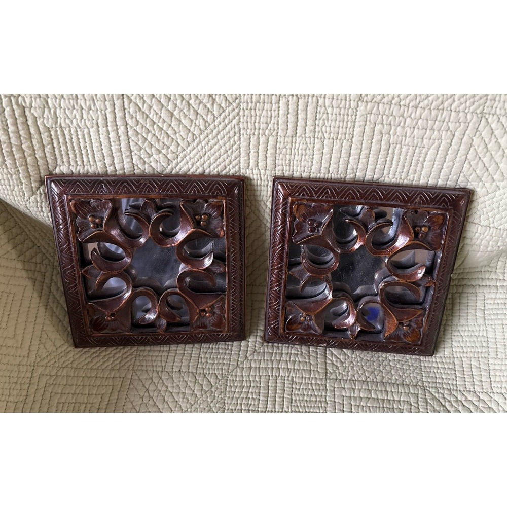 Set Bronze Color Mirrored Wall Plaques w/Floral Scrollwork Boho MCM 5.5"